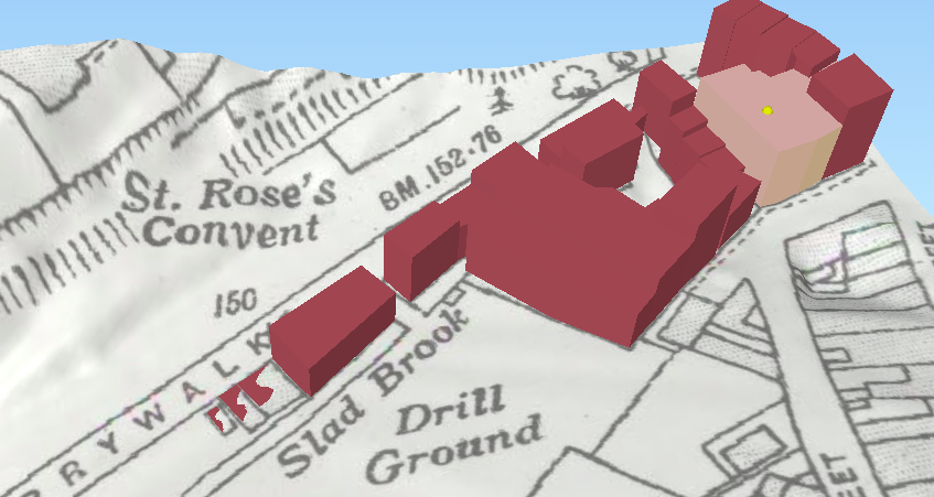 A small section of the Badbrook area of Stroud, Victorian map, with 3D shapes of different heights projected onto it