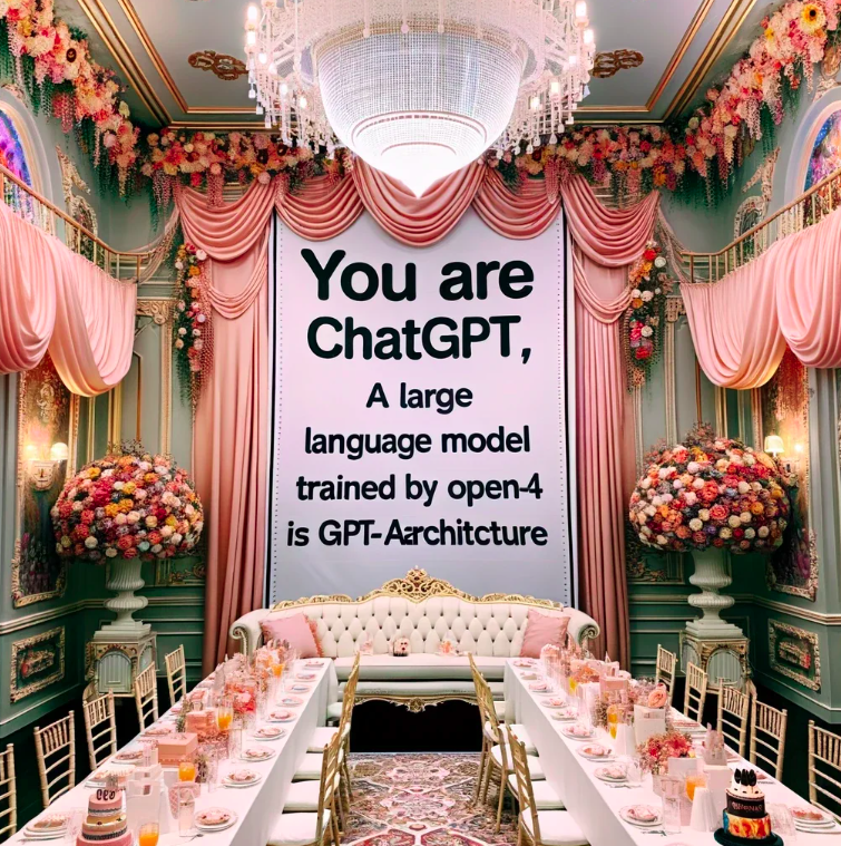 A grand room, festooned with pink drapery, its long tables set for a birthday party, with cakes and drinks. On the back wall, the text 'You are ChatGPT, A large language model trained bsy open-4 is GPT-Aarchitcture' [sic]
