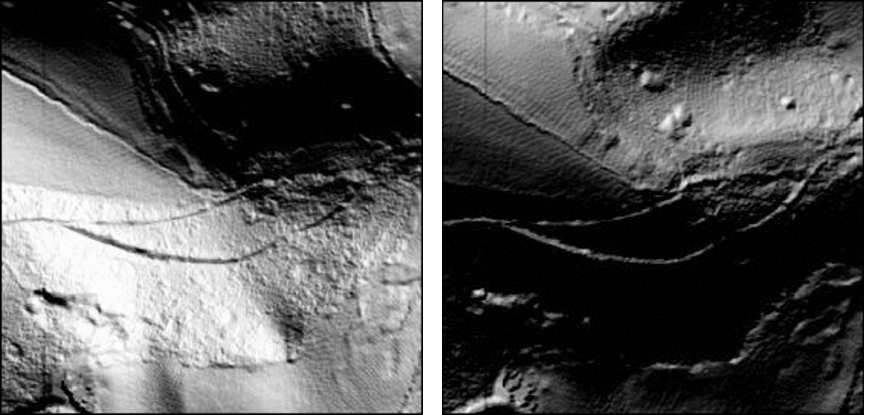 Two maps of "The Heavens" overlaid on each other, the top one semi-transparent, rendered in 3D with hills in high relief, viewed at an oblique angle