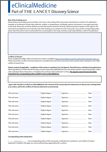 Author statement form for Elsevier eClinicalMedicine, showing a lot of blank boxes that need filling out