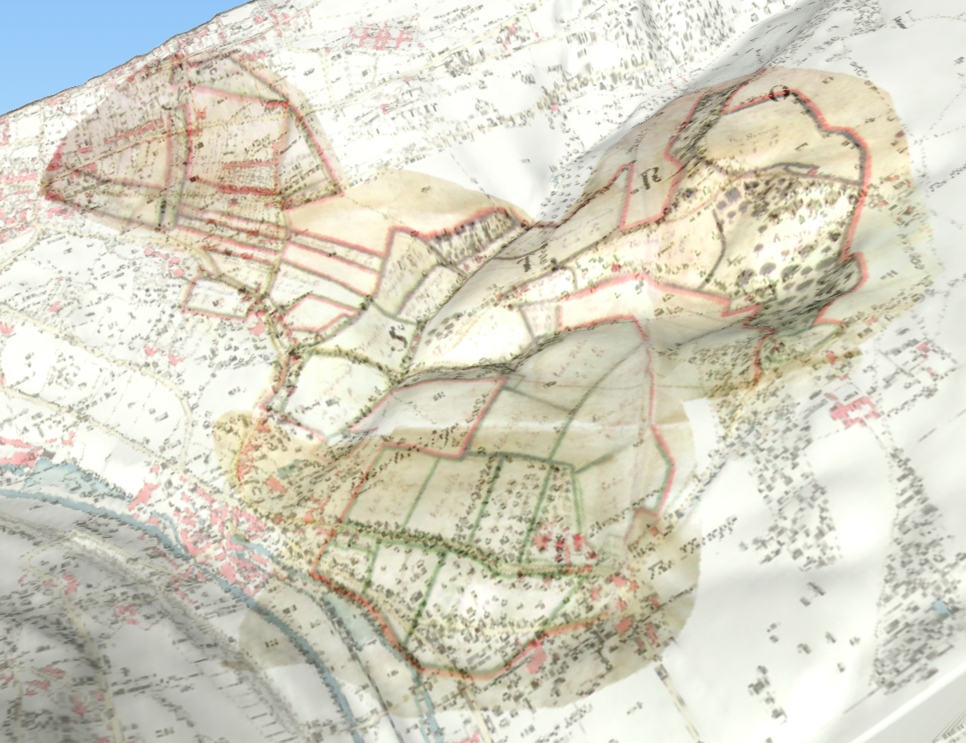 Two maps of "The Heavens" overlaid on each other, the top one semi-transparent, rendered in 3D with hills in high relief, viewed at an oblique angle