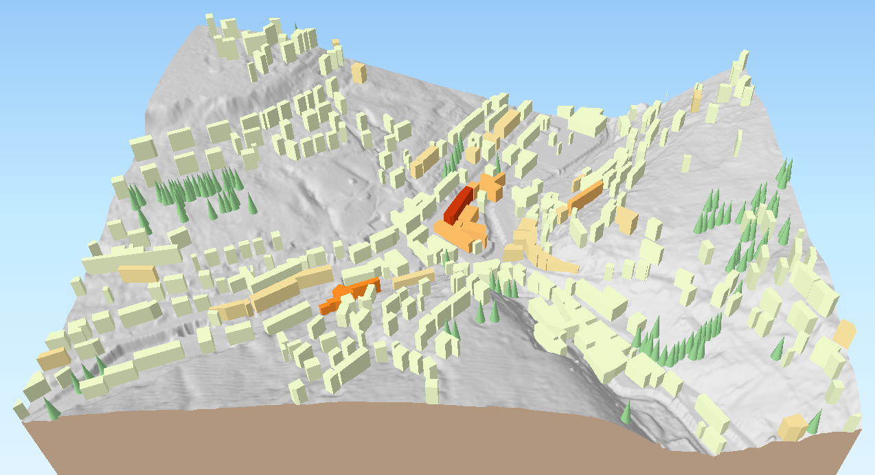 A 3D relief map of Holmfirth, 3D boxes representing listed buildings, green cones representing trees