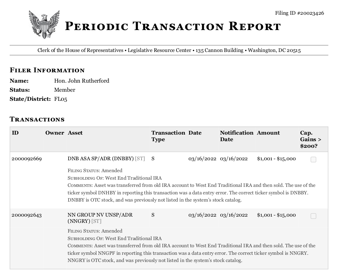 "Periodic Transaction Report" of Jon Rutherford, showing two stock transactions