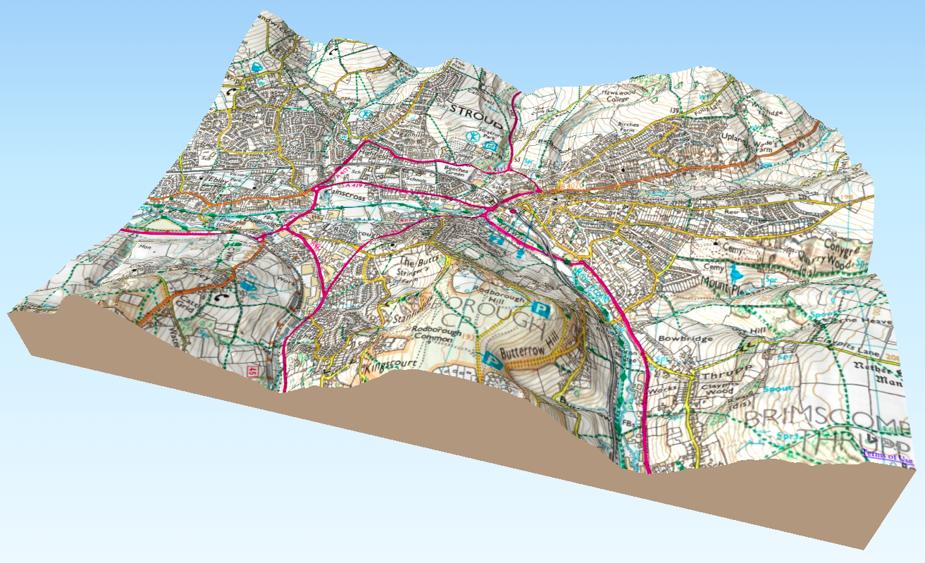 An Ordnance Survey map of the Five Valleys of Stroud, rendered in 3D with hills in high relief, viewed at an oblique angle